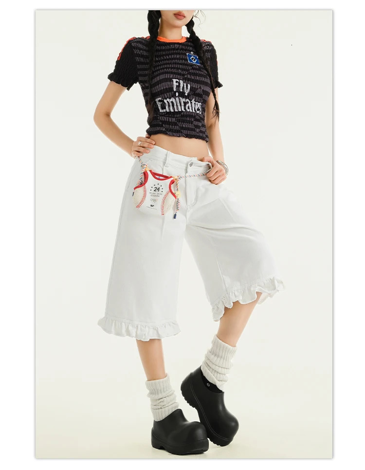 Summer Women Evening Y2k Streetwear Jorts Gyaru Ruffle Denim Shorts Low Waist 2000s Japanese Harajuku Jean Pants Korean Fashion 250604