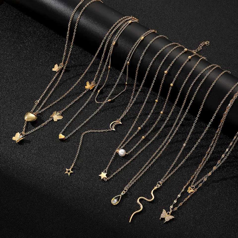 9 Pcs Multi-layered Gold Color Necklace Set for Women Fashion Zircon Pearl Heart Butterfly Star Moon Snake Pendant Necklaces Set XJ250604