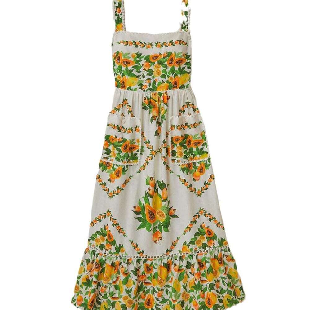 Heavy Lace Patchwork Print Ruffle Long Summer New Fashion Women's Dress With Straps B5