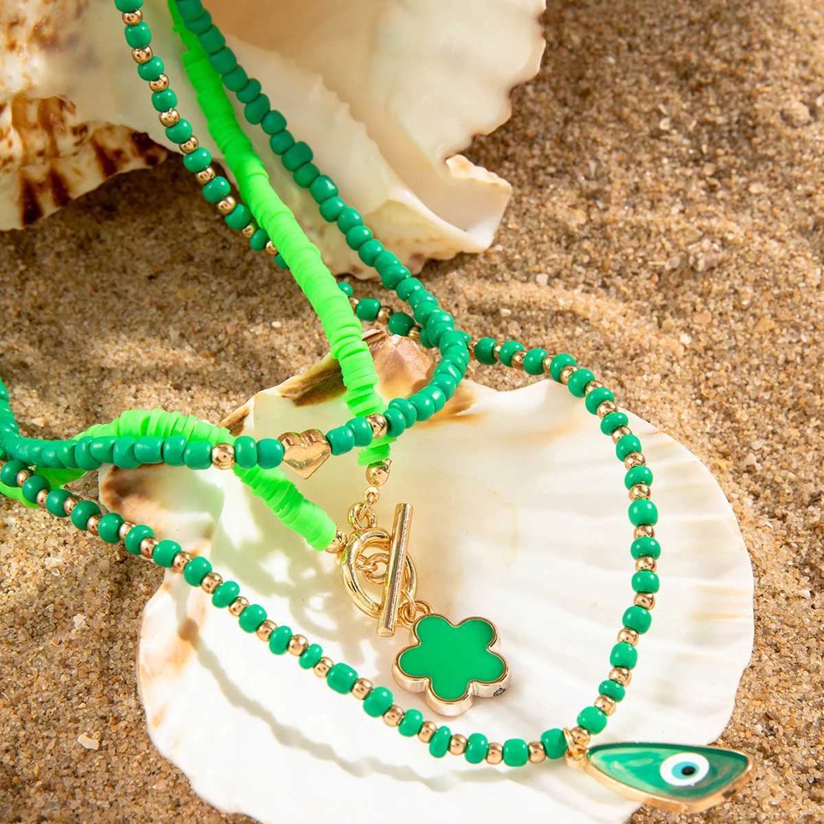 Tocona Bohemia Green Color Bead Flower Pendant Necklace for Women Fashion Summer Adjustable Geometric Beach Jewelry Party GiftXJ250604