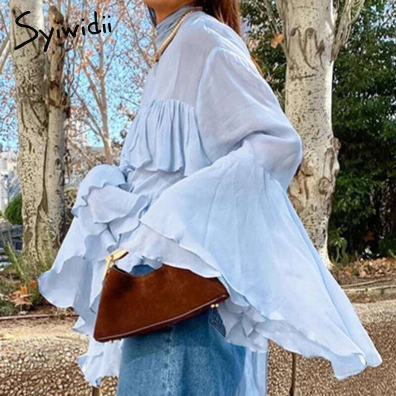 Syiwidii Temperament Turtleneck Blouse Women Blue Mesh See Through Ruffles Flare Sleeve Tops 2025 New Chic High Street Blouses