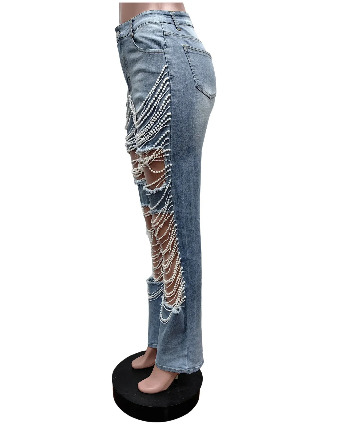 Jeans Women Long Pants Denim Pant Hole Pearl Slim Mom Blue Sexy Y2k Streetwear Casual Elegant Button Pocket Trousers Summer 250604