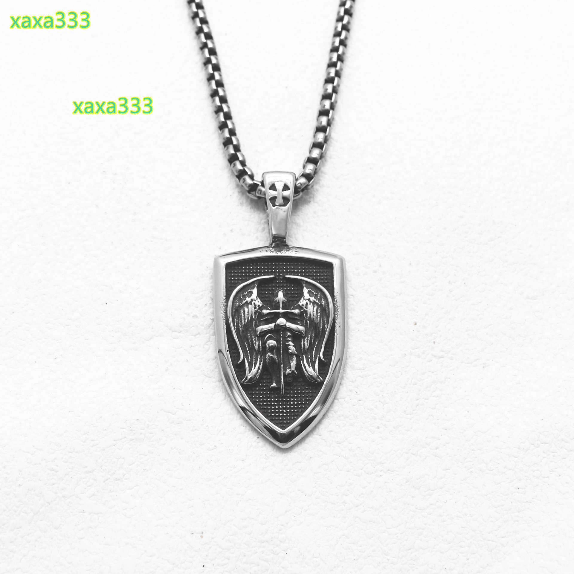 Punk Style Shield Tag Design Pendant Necklace Stainless Steel Guardian Knight Relief Pendant Jewelry for Men and Women