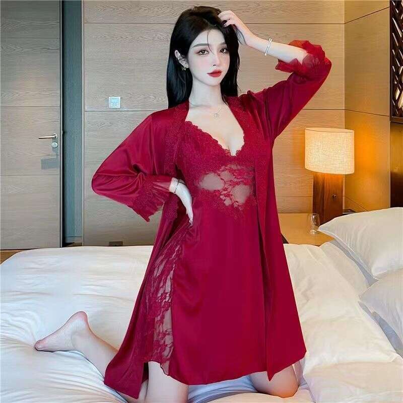 Sexy Strap Nightdress New Women's Summer Pure Desire Style Ice Silk Backless Hollow Out Lingerie Sleepwear Robe Two-Piece Set