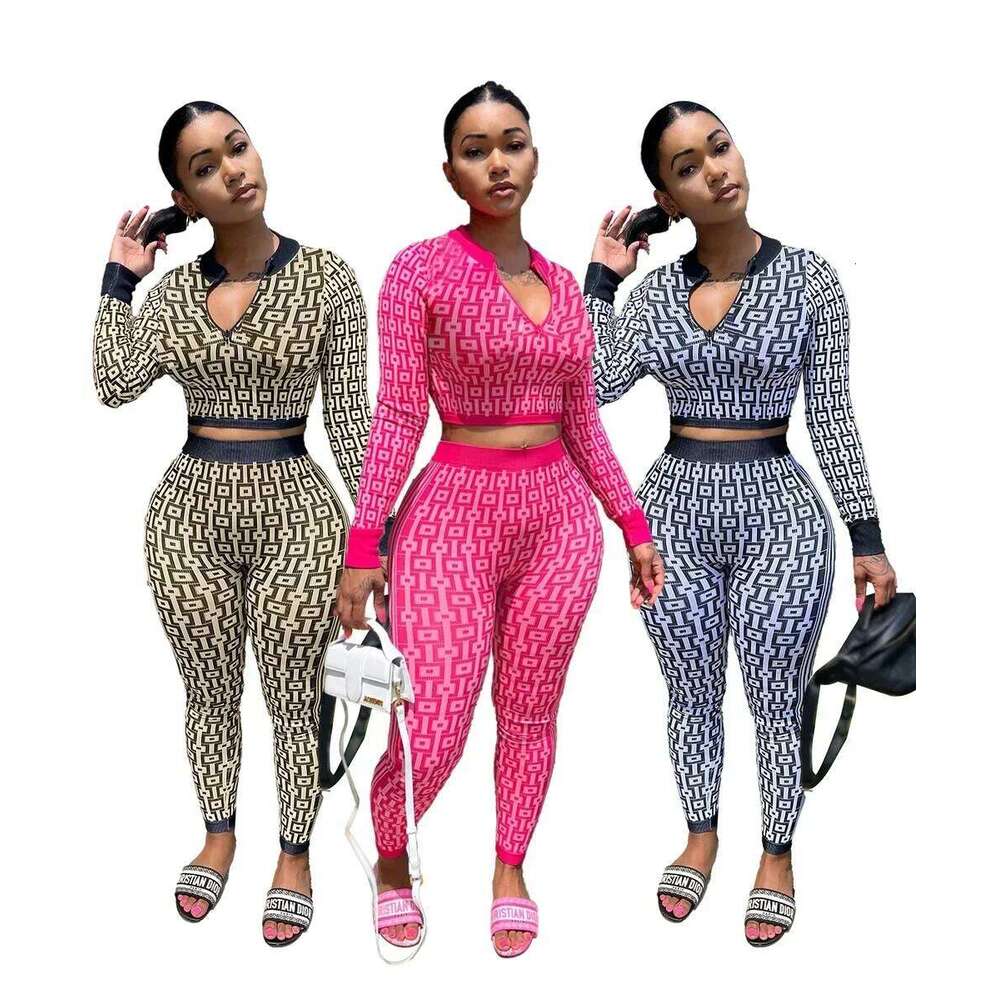 Gotoola Stretch Knitted Printing Suit Sleeve Zipper Short Top Elastic Long Pants Two-Piece Set Three Colors Available