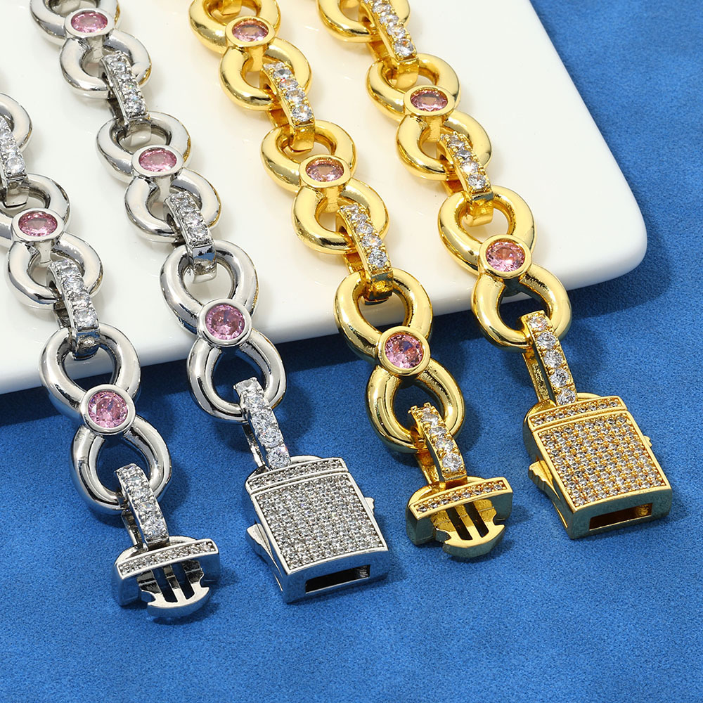 12mm Moissanite Bracelet Figure Eight Infinity Chain Pink Round Moissanite Hip Hop Jewelry Mens Bracelet