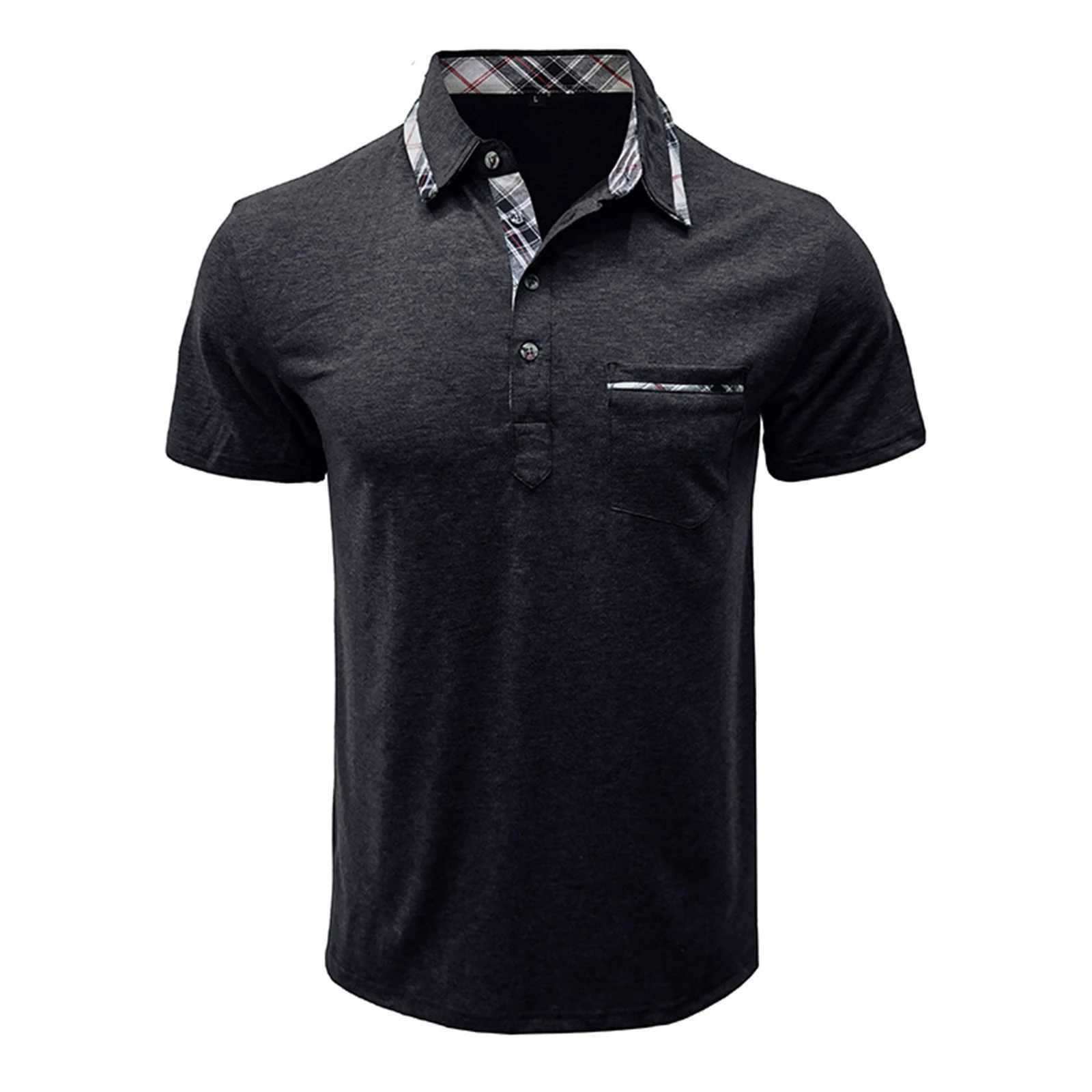 Men Short Sleeve T-Shirts Contrast Plaid Turn-Down Collar Buttons Business Casual Tops Summer Fashion Slim Fit Shirts XJ250605