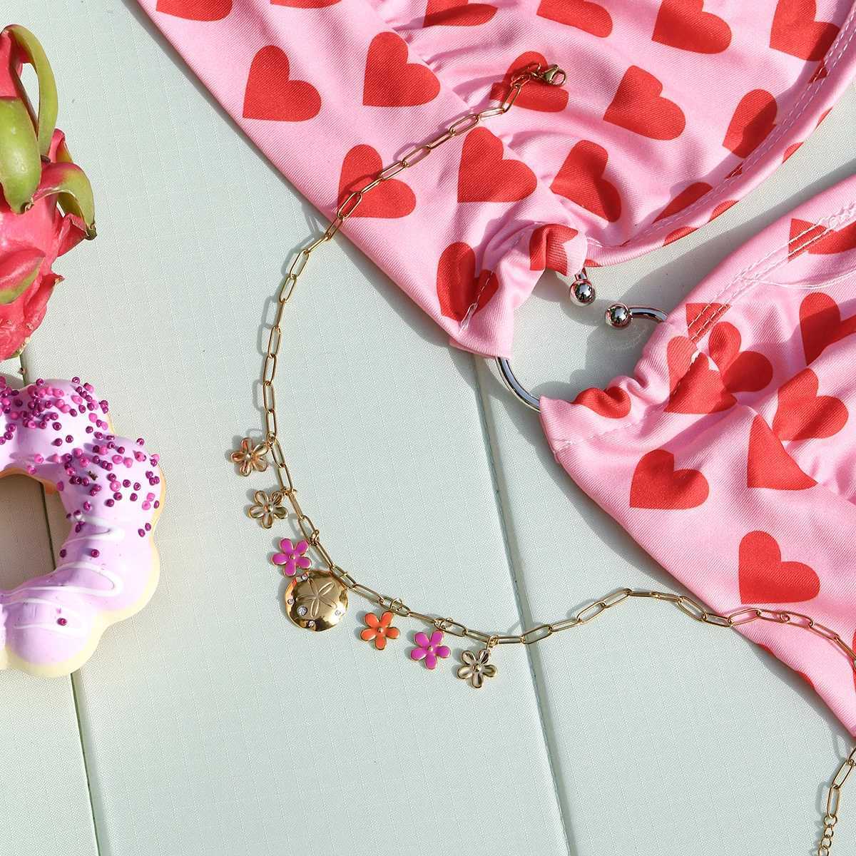 Zora Womens Holiday Style Colorful Oil Drop Flower Necklace 18K Gold-plated Stainless Steel Multi-Pendant Waterproof Jewelry XJ250604