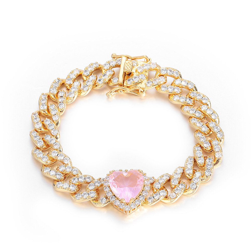 10mm Pink Moissanite Heart Bracelet Accessories Hip Hop Heart Cuban Chain Womens Bracelet