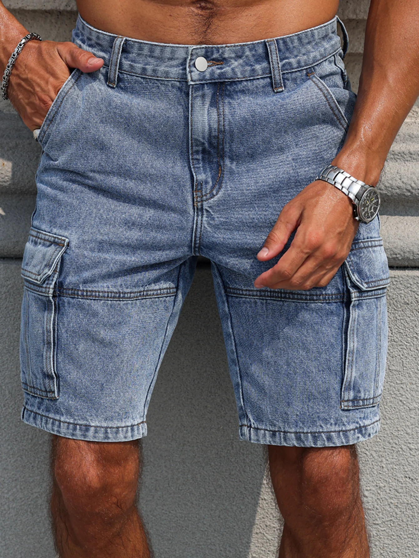 Mens summer blue regular denim shorts. Multi-pocket . Stylish and casual. 250604