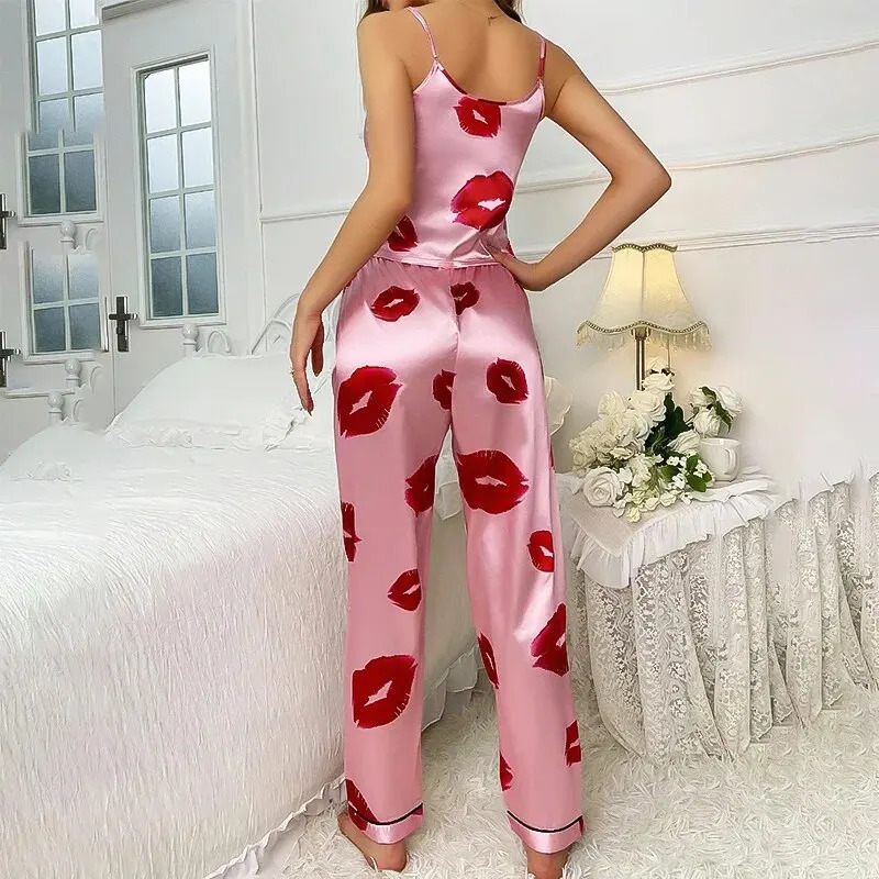 Womens Satin Pajama Set with Lip Print V-Neck Cami Top and Elastic Pants For Women Comfortable Sleep and Loungewear 250529