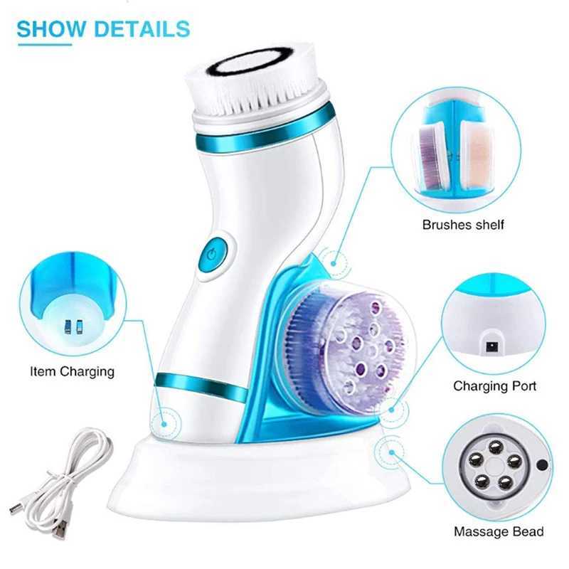4 IN 1 Battery Version Facial Cleansing Brush Face Roller Massager Face Exfoliating Ultrasonic Washing Brush Cleanser Beauty Ski XJ250607