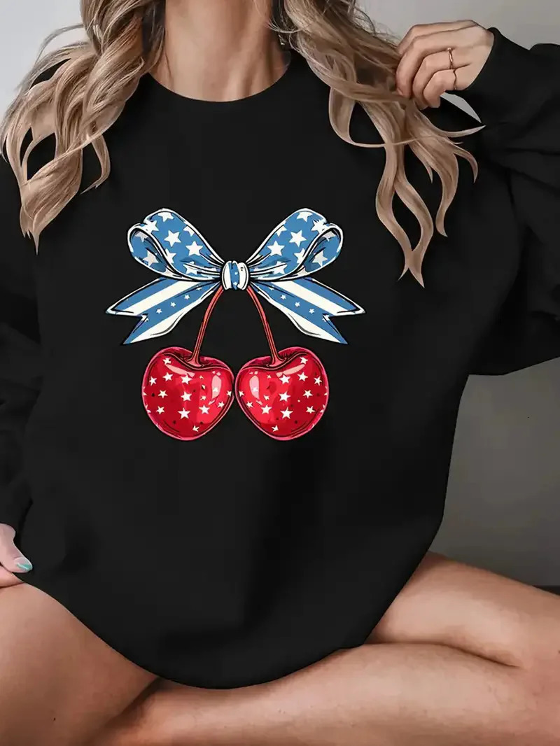 Cherry bow printed sports shirt for womens casual loose round neck cute aesthetic pullover Y2K clothing Harajuku style hoodie 250604