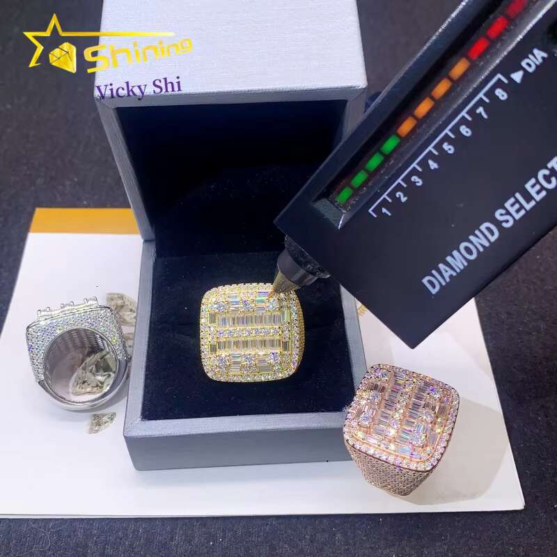 GRA Certificated 925 Solid Silver Gold Plated VVS Baguette Diamond Moissanite Custom Men Hip Hop Rings