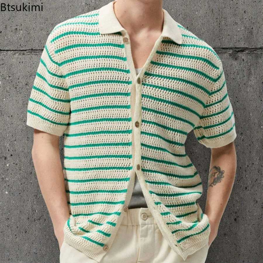 2025 Mens Striped Short Sleeve Knitted Shirts Summer New Comfy Breathable Casual Business Polo Shirts Men Golf Sport Loose Tops XJ250605