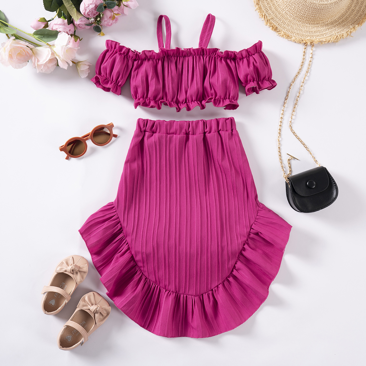 Baby girl summer set with solid color suspender and skirt 2-piece set, designed for girls, suitable for daily wear and party wear, preferred for outdo