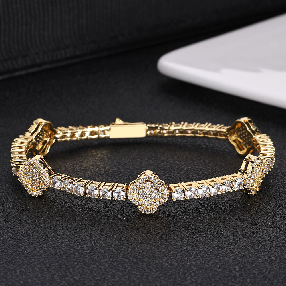 Hip hop spring buckle Moissanite tennis chain clover mens bracelet accessories high-end accessories