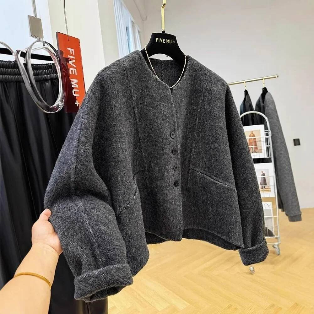 High-End Round Neck Woolen Jacket For Women Fashionable Petite Cropped Overcoat Korean Style Fall/Winter With Feeling Of Veet