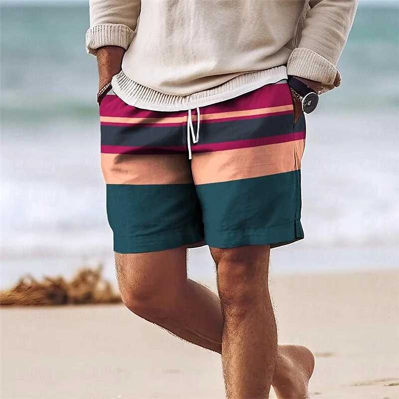 Stripe Colorful 3D Printed Short Pants For Men Clothes Color Splicing Beach Shorts Harajuku Fashion Vacation Hawaiian Bermudas XJ250605