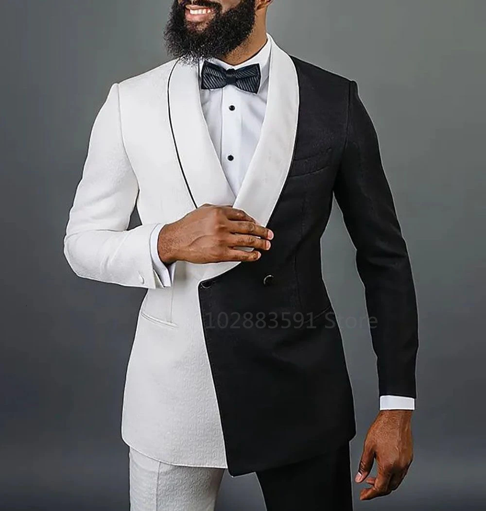 est Splicing Colors 2 Pieces Men Suits Set Wedding Groom Tuxedo White Black BlazerPants Custom Made Prom Dress Coat 250605A