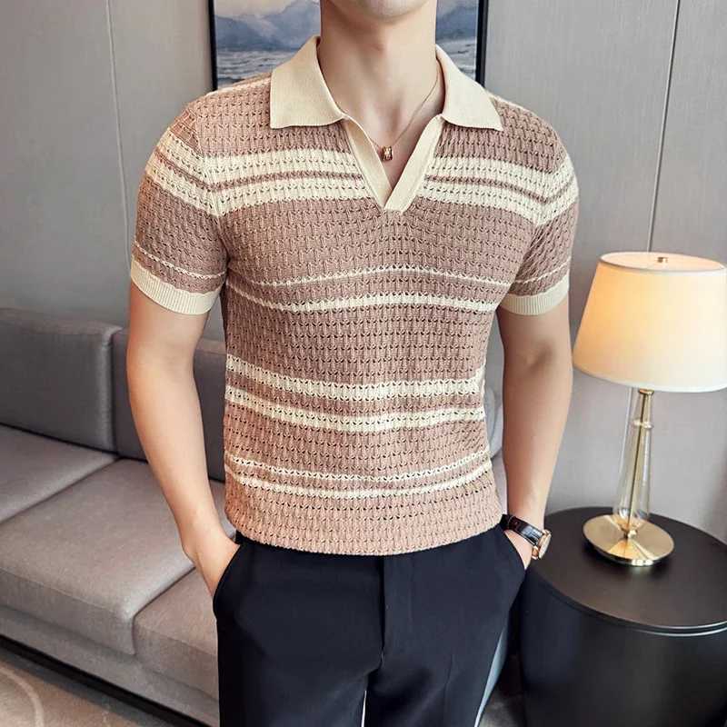 Men Knitted Polo Shirt 2024 Summer New Thin Striped Jacquard Patchwork Color Short Sleeved Casual V-neck T-shirt Men Clothing XJ250605