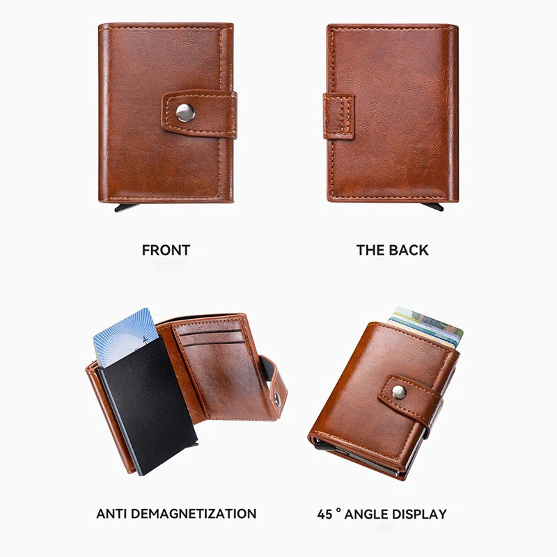 Mens Retro Bank Credit Card Holder Metal Anti Thief Rfid Smart Minimalist Wallet Women PU Leather Black Cash Cardholder 250605