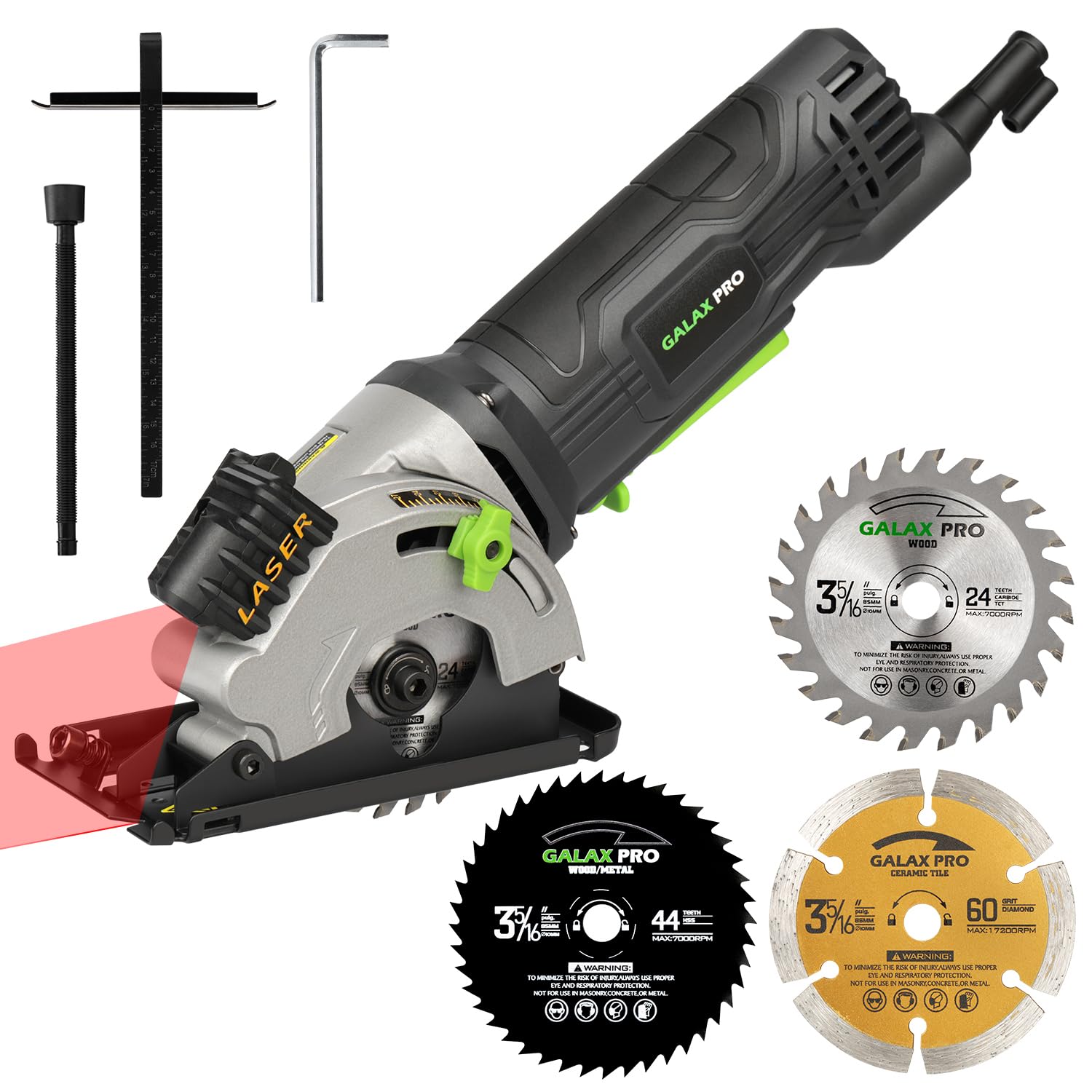 GALAX PRO Mini Circular Saw, 480W 3500 RPM Maximum Cutting Depth of 28.5mm Three Pieces of 85mm Saw Blades with Laser Guide Rails Suitable for Wood PV
