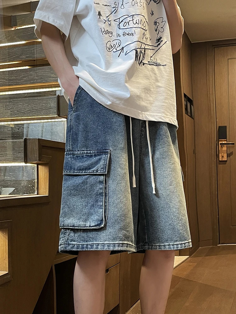 Summer Mens Cargo Denim Shorts Baggy Straight Fashion Casual Wide Leg Short Pants Big Pocket Beach Vacation Jeans Male 250604