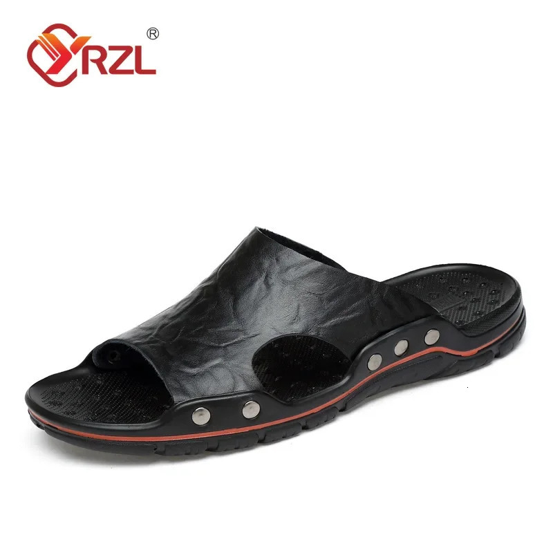 YRZL Sandals Mens Leather Classic Summer Men Slippers Soft Black Slippers PU Leather Slippers Lightweight EVA Slides for Men 250605