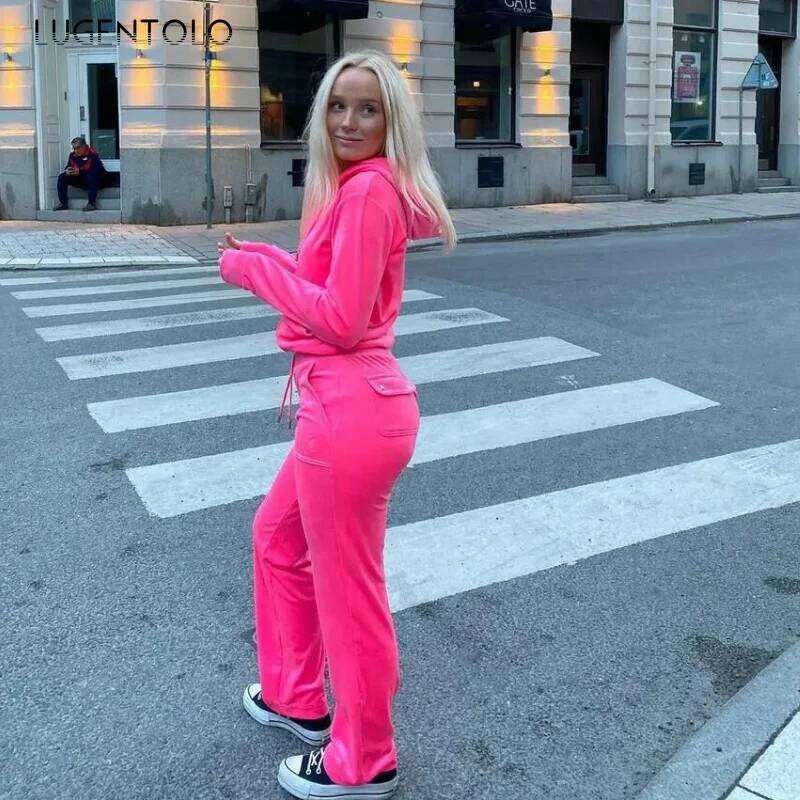 Women Hoodie Two-piece Set Y2k Veet Zip Cardigan Jacket Multi-pocket Jogging Straight-leg Pants Fiess Sports Street Wear