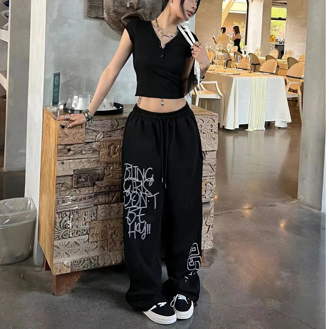 Hiphop Trendy Letter Print Women Pants High Waist American Fashion Wide Leg Woman Summer Street Dance Womens Pants 250604