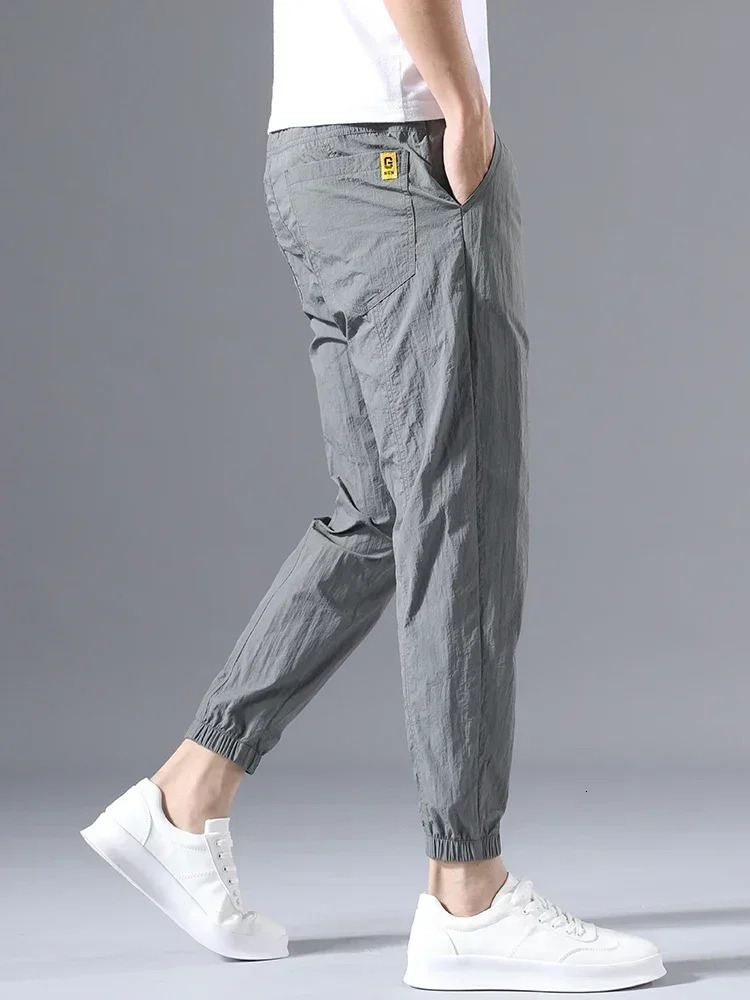 Summer Thin Men Casual Pants Ice Silk Breathable Korean Fashion Jogging Sweatpant Drawstring Bound Feet Ankle Length 250605Z