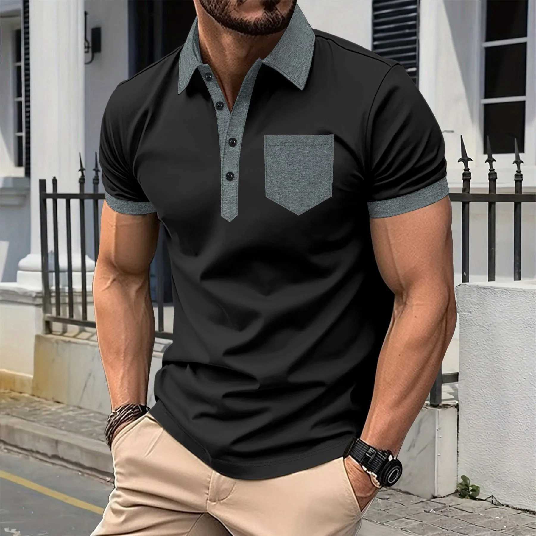 2025 New Cross-border Mens Casual POLO Shirt with Chest Pocket Lapel Button Color Block T-shirt Top XJ250605