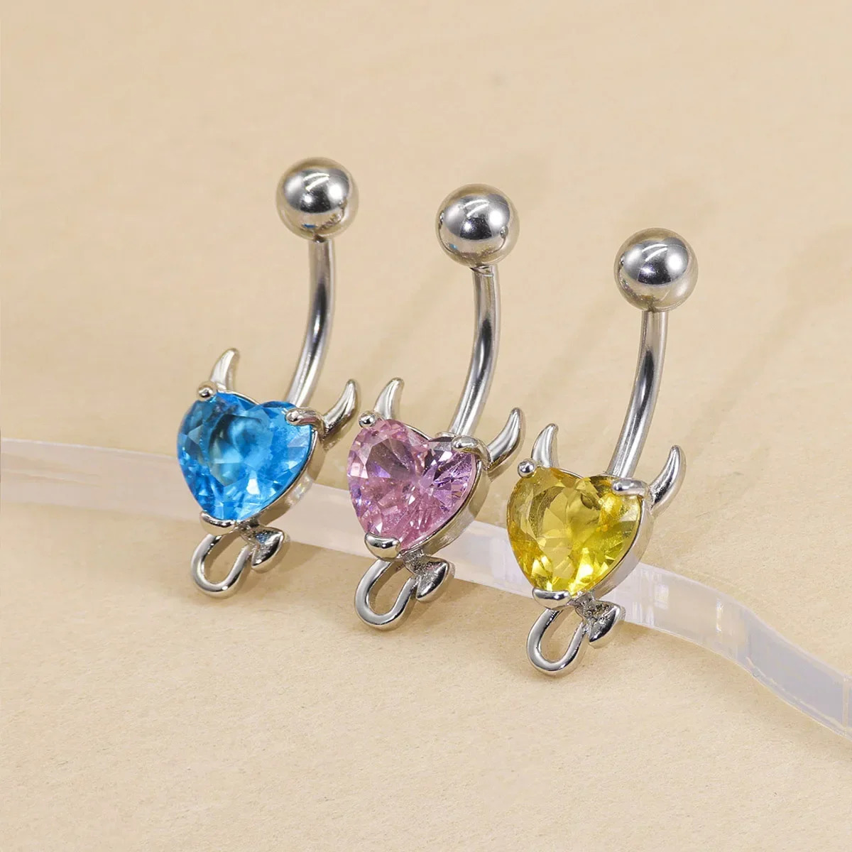 3Pcs Steel Heart Navel Belly Button Rings Devil Shape Colored Zircon CZ Belly Piercings Jewelry Piercings Women Gift 250530