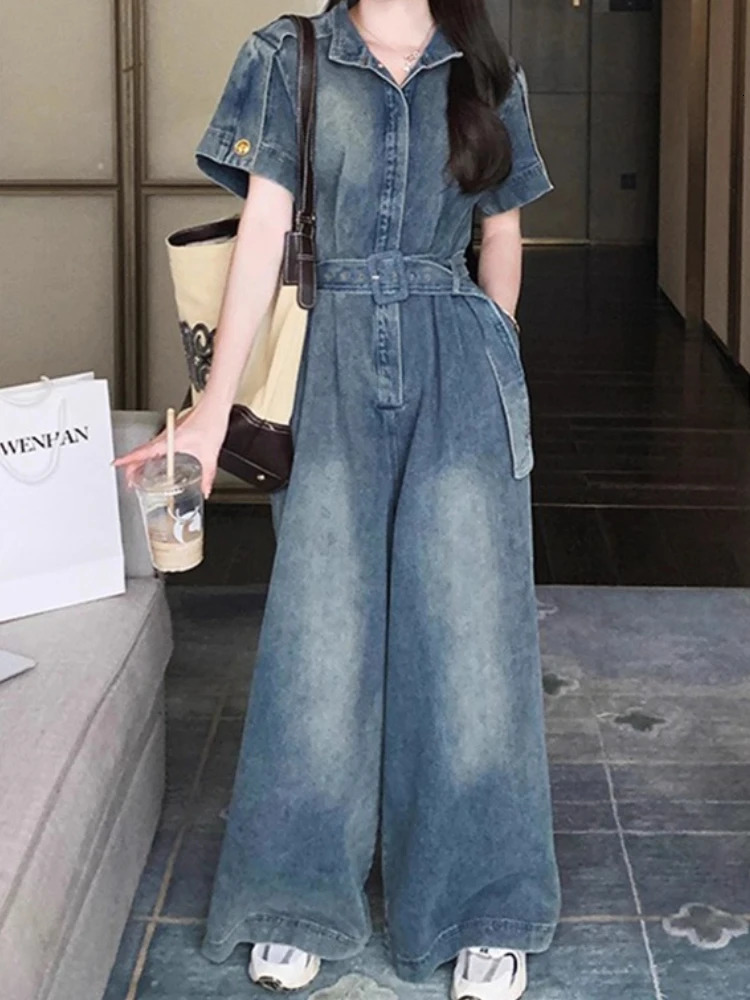 Women Vintage Street Wear Hip Hop Loose WideLeg One Piece Long Sets Jeans Romper in Summer Overalls Short Sleeve Jumpsuit 250604