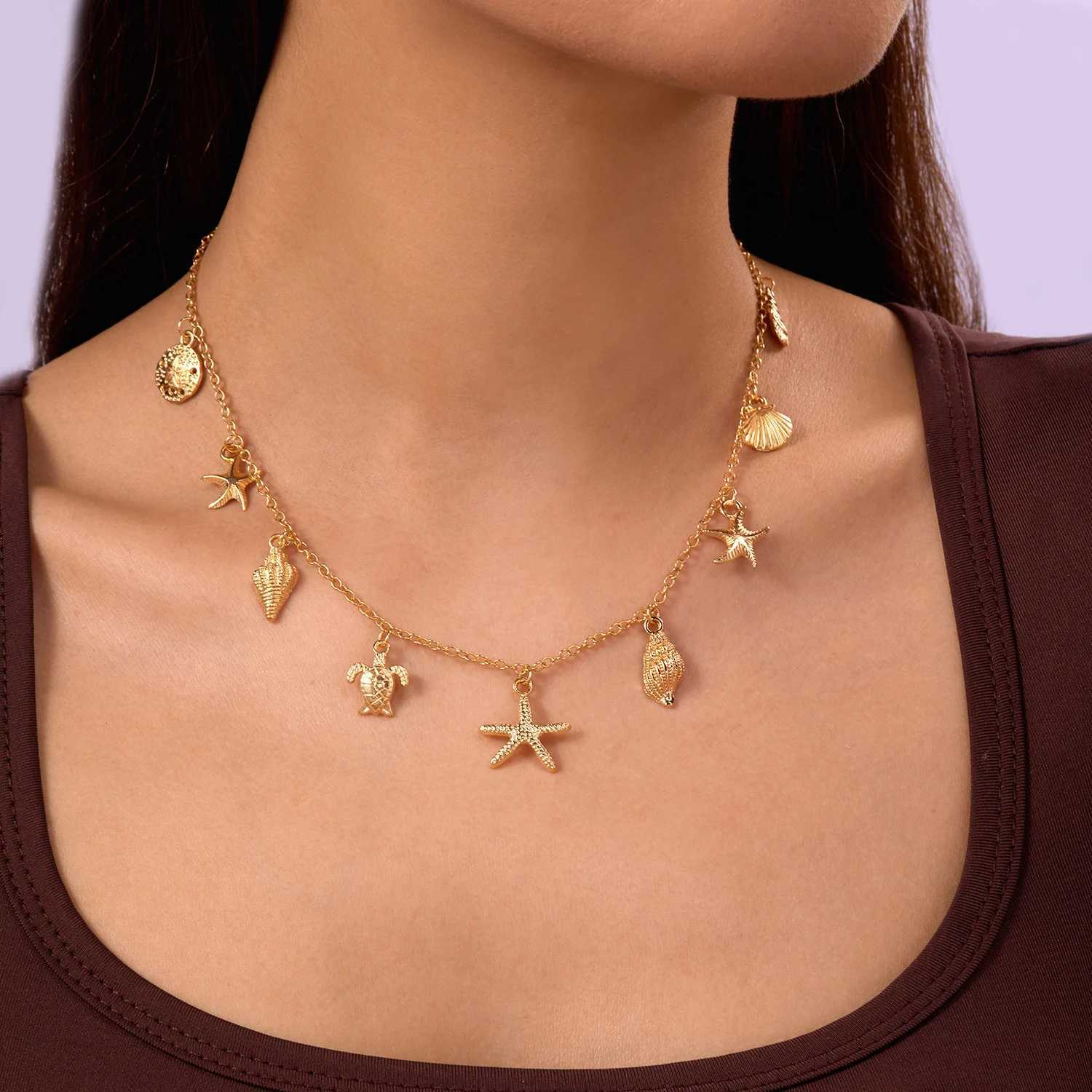 Bohemian Starfish Shell Conch Turtle Pendant Necklace for Women Imitation Pearl Charm Chain Necklace Beach Jewelry Vacation Gift XJ250604