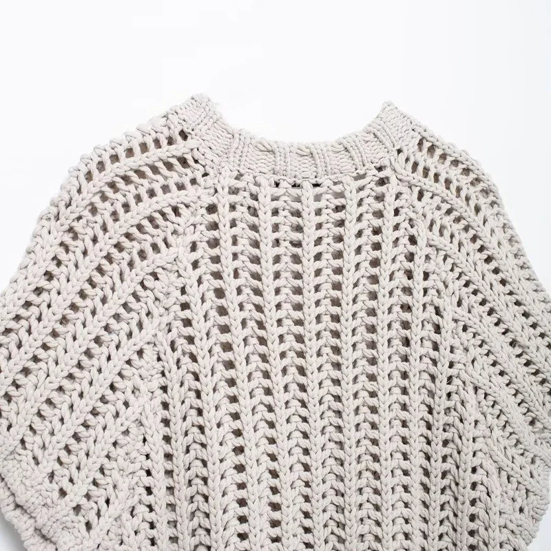 Women Fashion Beige Side Bow Lace Up Slit Knitted Pullover Sweater Vintage ONeck Short Sleeves Female Chic Lady Tops 250530