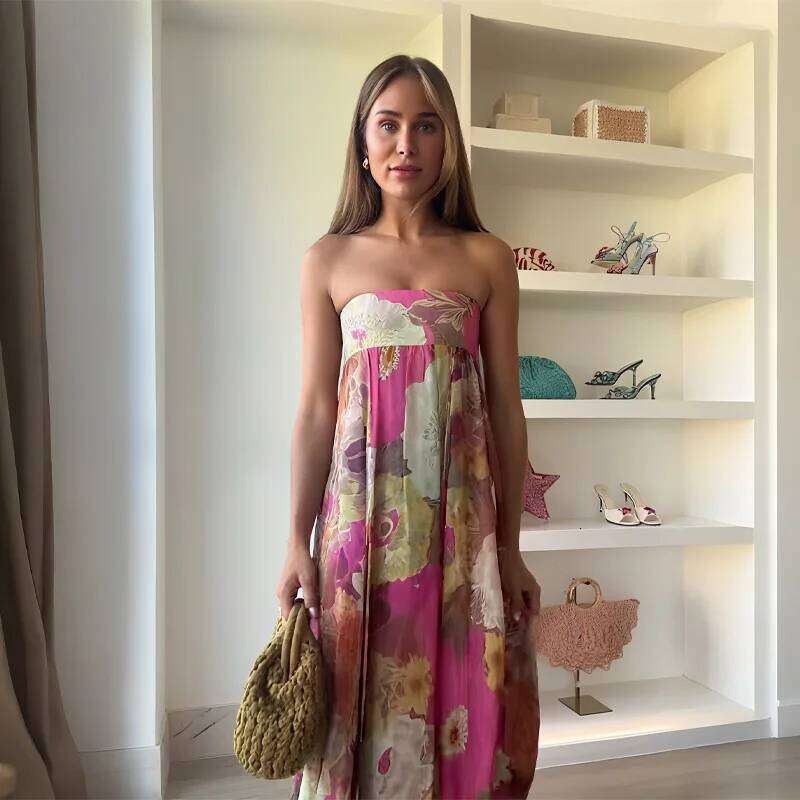 Chic Retro Floral Printed Sling Long For Women Sexy Backless High Waist Loose Maxi Dress 2025 Summer Evening Party Gowns