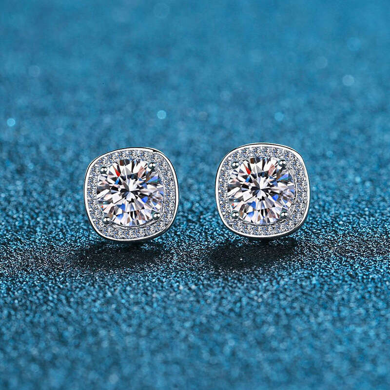 DHGADGETS 925 Sterling Silver Princess Cut Moissanite Stud Earrings Square Halo CZ Setting for Women Elegant Jewelry