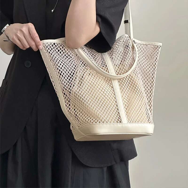 Brand Hand woven Large Capacity Vegetable Handbag Hollow Mesh Summer Beach Vacation Shopping Mother child Net Shoulder Bag