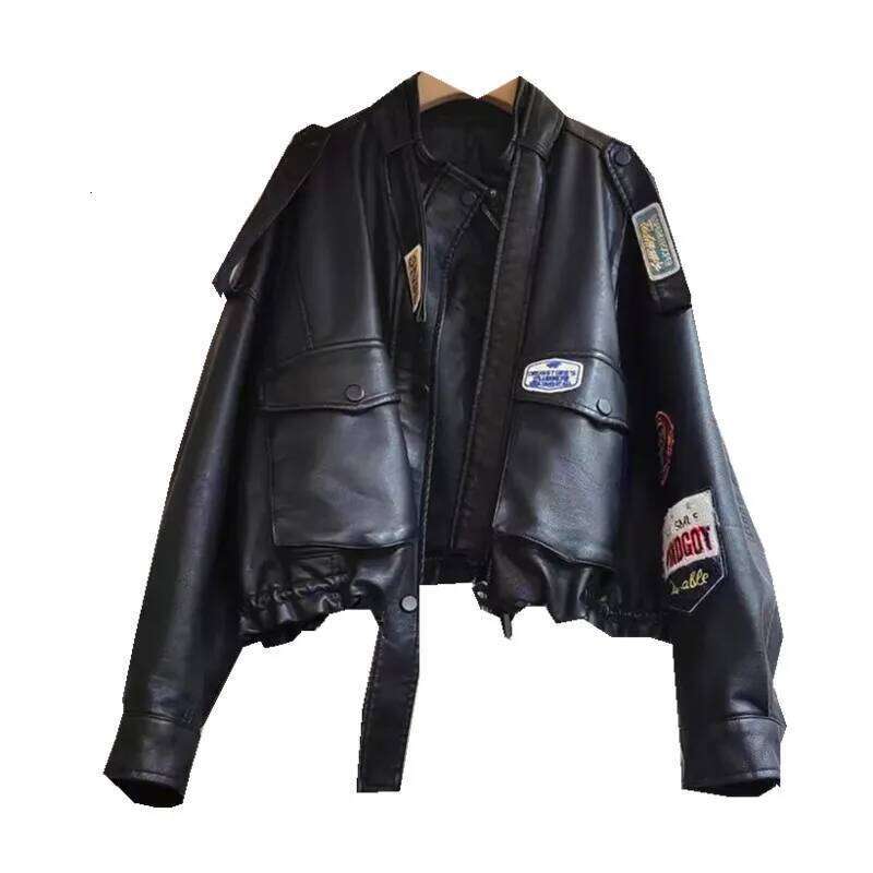 YEAE Ms. 2025 Spring and Autumn New Vintage Locomotive Printed High Waist Skinny Washed PU Leather Jacket Tide