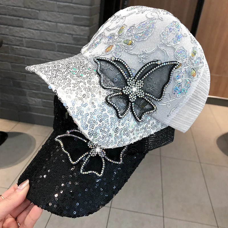 Womens Summer Sunshade Hat with Mesh and Diamond Set Butterfly Baseball Hat Fashionable Sunscreen Sun Duck Tongue Hat 250603