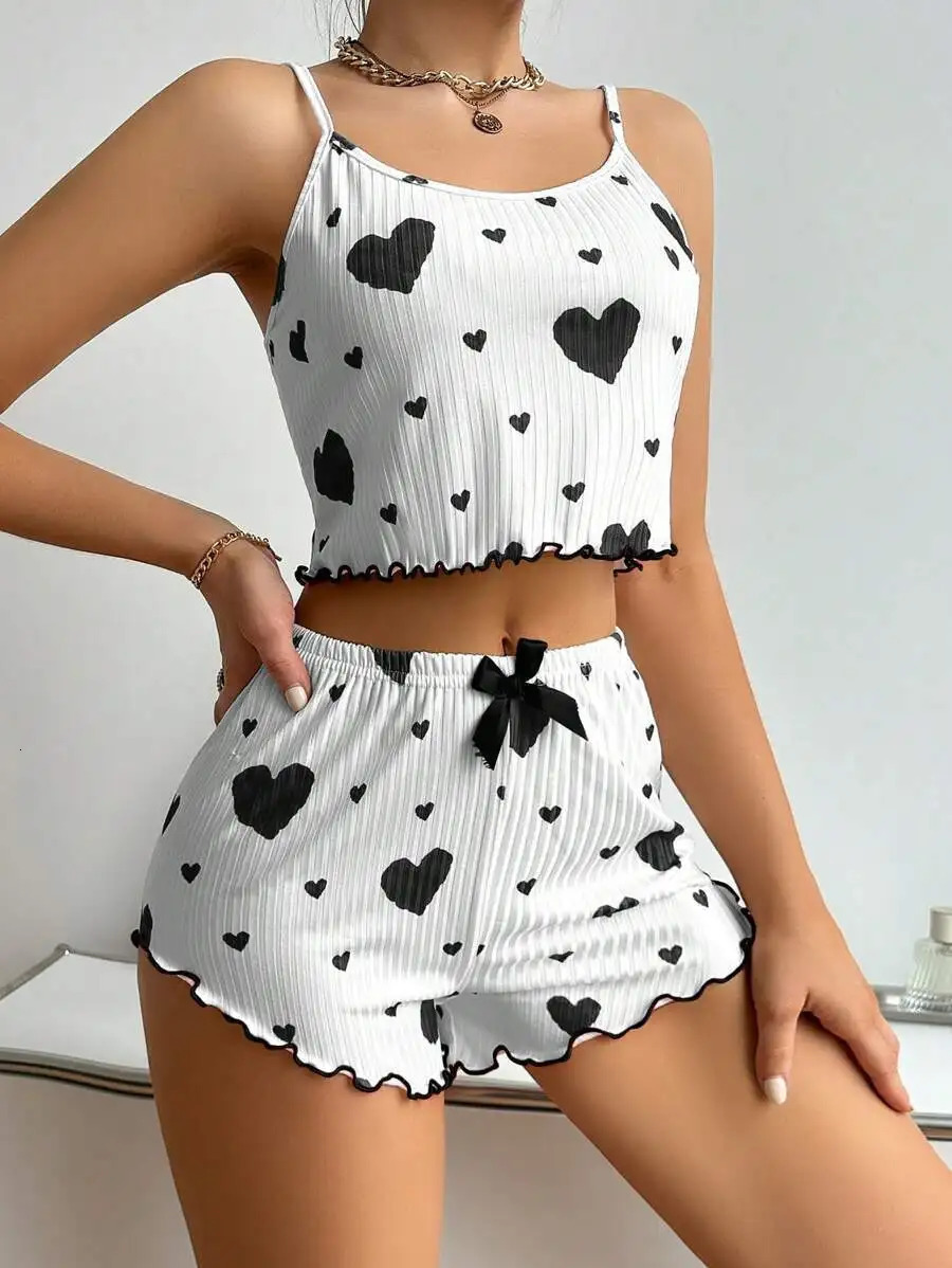 Women pajamas plus size pajamas set 2 piece short vest shorts white S M L XL breathable soft casual love print 250529
