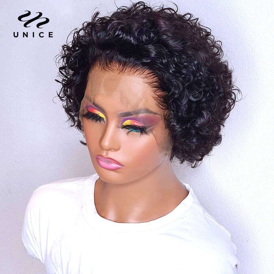 Unice 13x1 Lace Pixie Cut Wig 100% Human Hair Short Curly for Women Wavy Afro Wigs