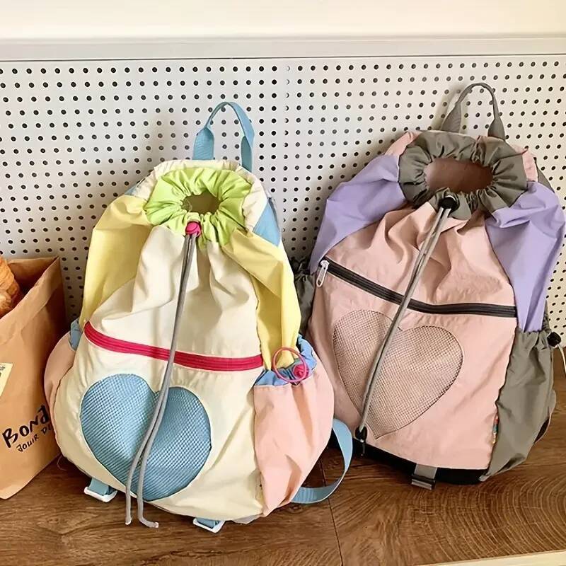 Women Girls Color-Block Laptop Backpack Nylon Drawstring Adjustable Strap Rucksack For Travel School