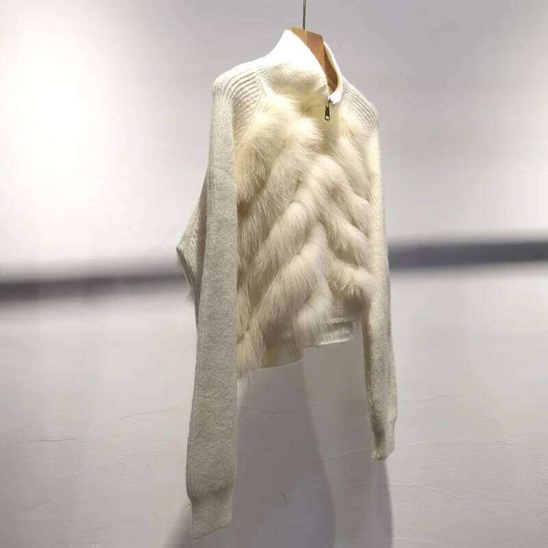 Women Short Knitted Real Fox Long Sleeve Genuine Fur Trimming Pullover Female Jumpers With Zipper