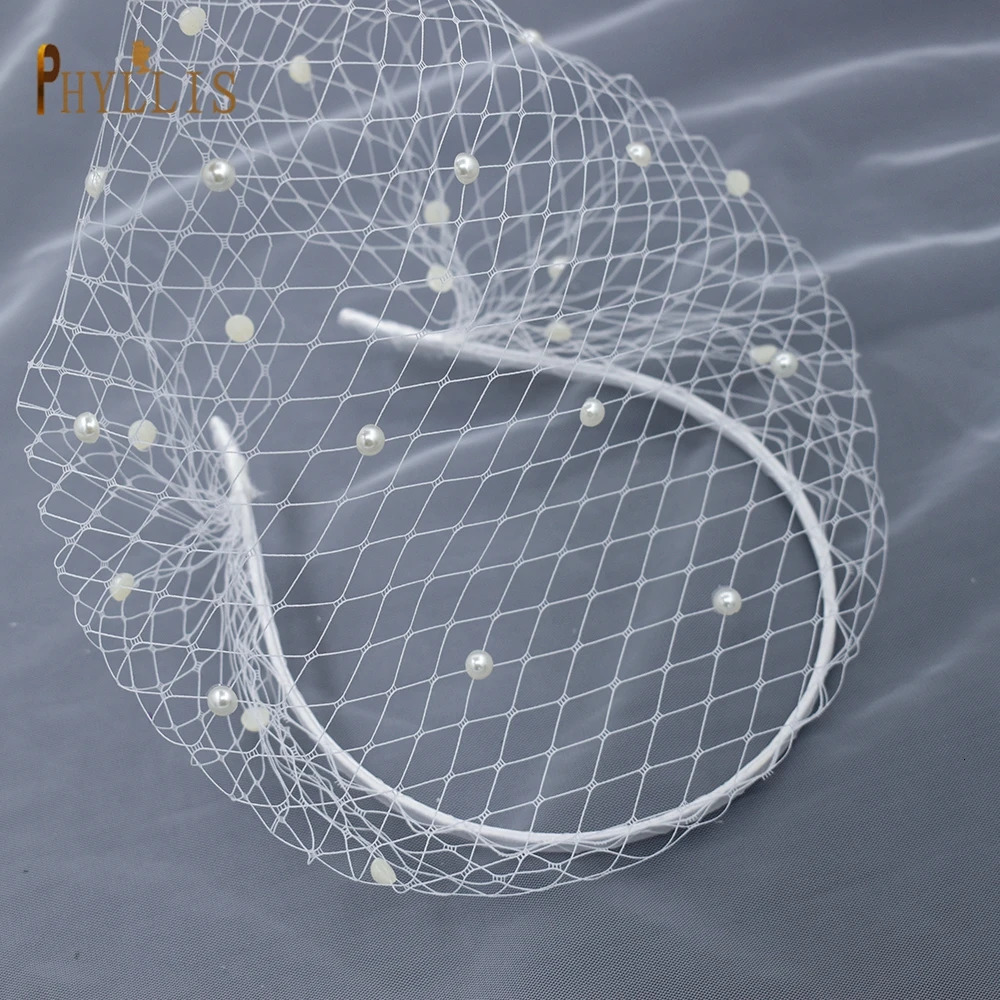 JM20 White Pearl Wedding Birdcage veil with Headband Face Net Mask Veils Charming Fascinator Blusher Veil Tulle Cage Veils 250530