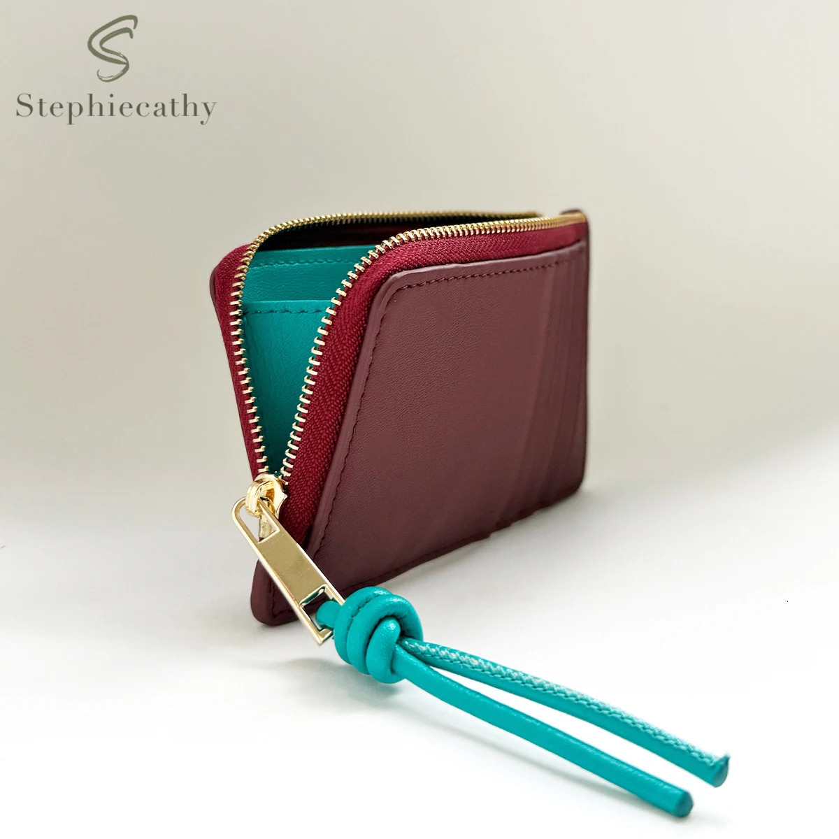 Fashionable Women Real Leather Slim Card Holder Color Block Zip Pocket Cards Coins Cash Portable Daily Coin Purse Small Wallet 250605