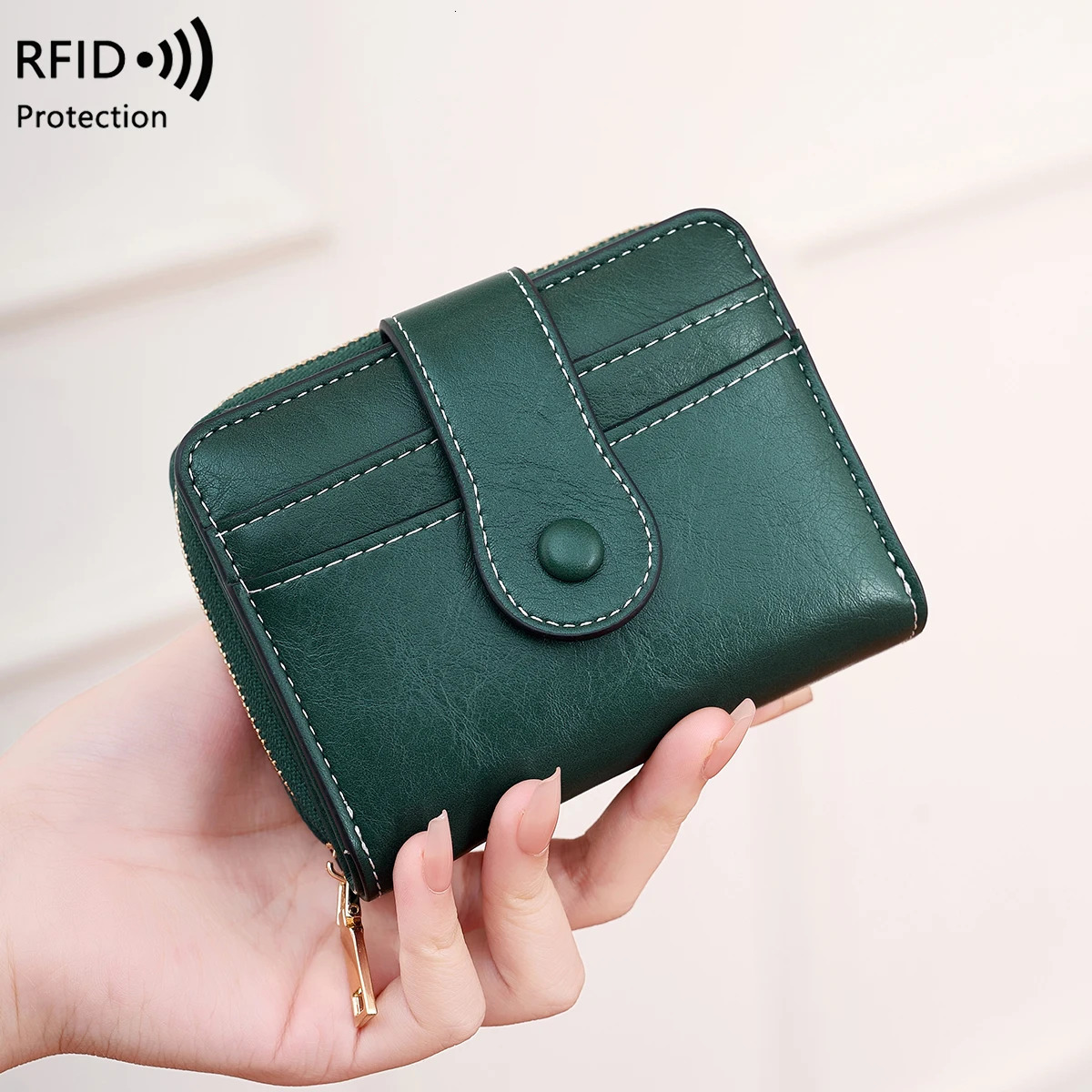 Womens RFID Blocking Wallet MultiCard Holder Zipper Buckle Short Money Clip Retro Coin Functional n 250605