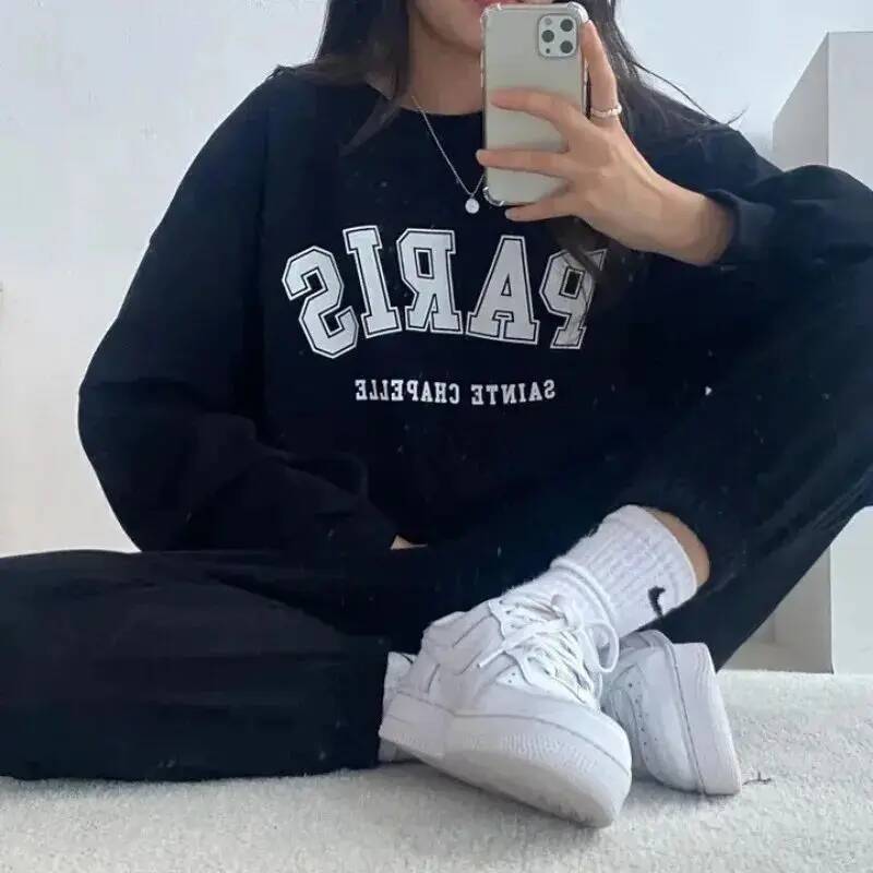 And Stretch Waist Pants Set Pullover Solid Autumn Sportswear Slim Women's Hoodie Wear 2024